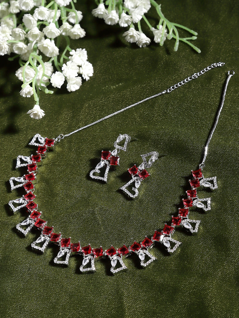 Rhodium-Plated Red American Diamonds Studded Cordate Necklace & Earrings Jewellery Set