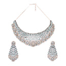 Rose Gold-Plated Gunmetal Toned Sea Green American Diamond Choker Necklace with Earrings Jewellery Set