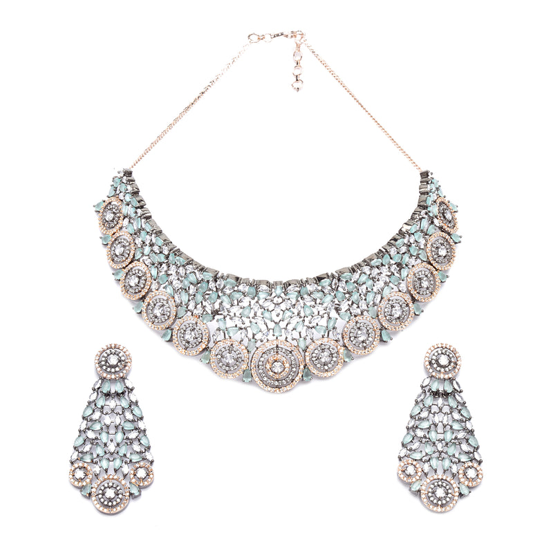 Rose Gold-Plated Gunmetal Toned Sea Green American Diamond Choker Necklace with Earrings Jewellery Set