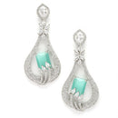 Rhodium-Plated Sea Green American Diamond studded Handcrafted Quirky Shaped Drop Earrings