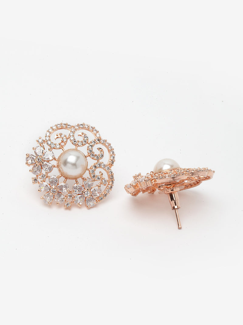 Rose Gold-Plated & White Floral Shaped Studs Earrings