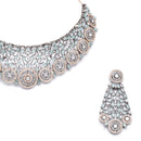 Rose Gold-Plated Gunmetal Toned Sea Green American Diamond Choker Necklace with Earrings Jewellery Set