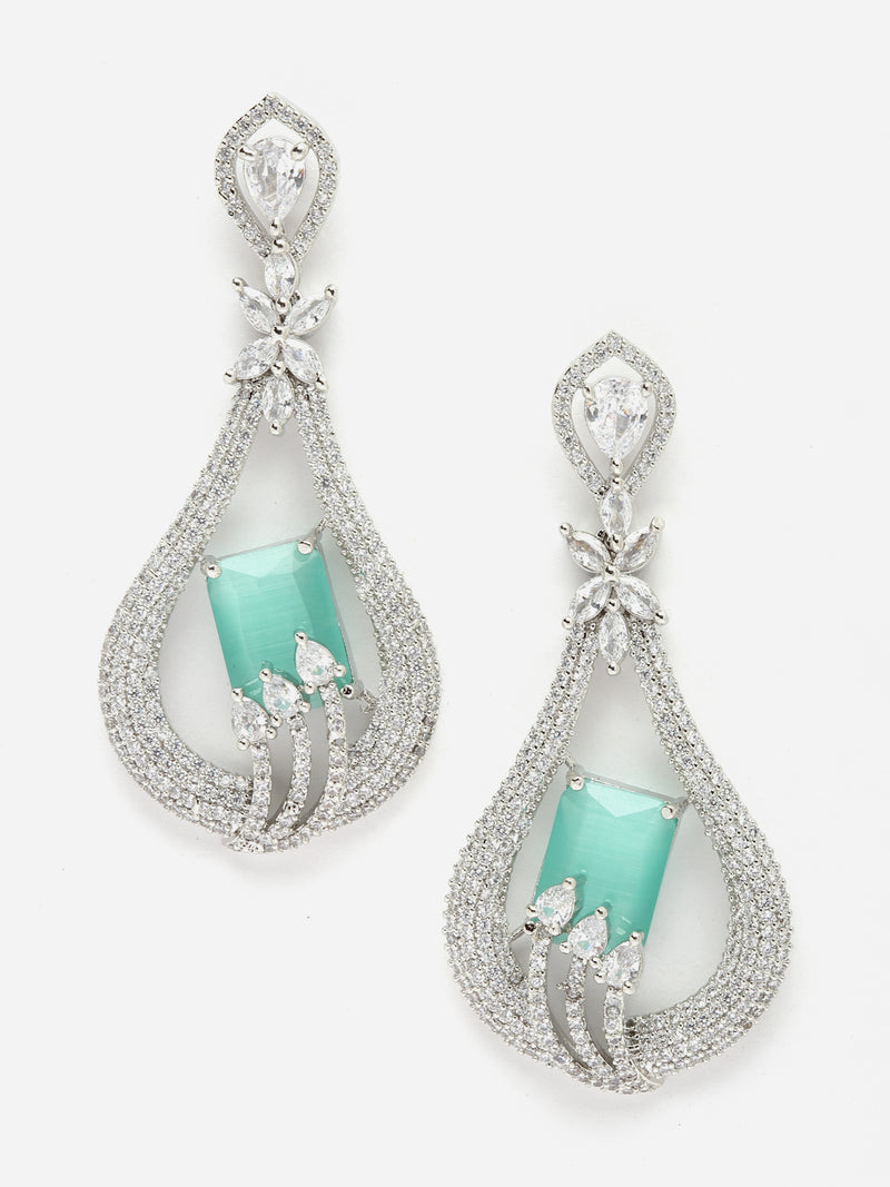 Rhodium-Plated Sea Green American Diamond studded Handcrafted Quirky Shaped Drop Earrings