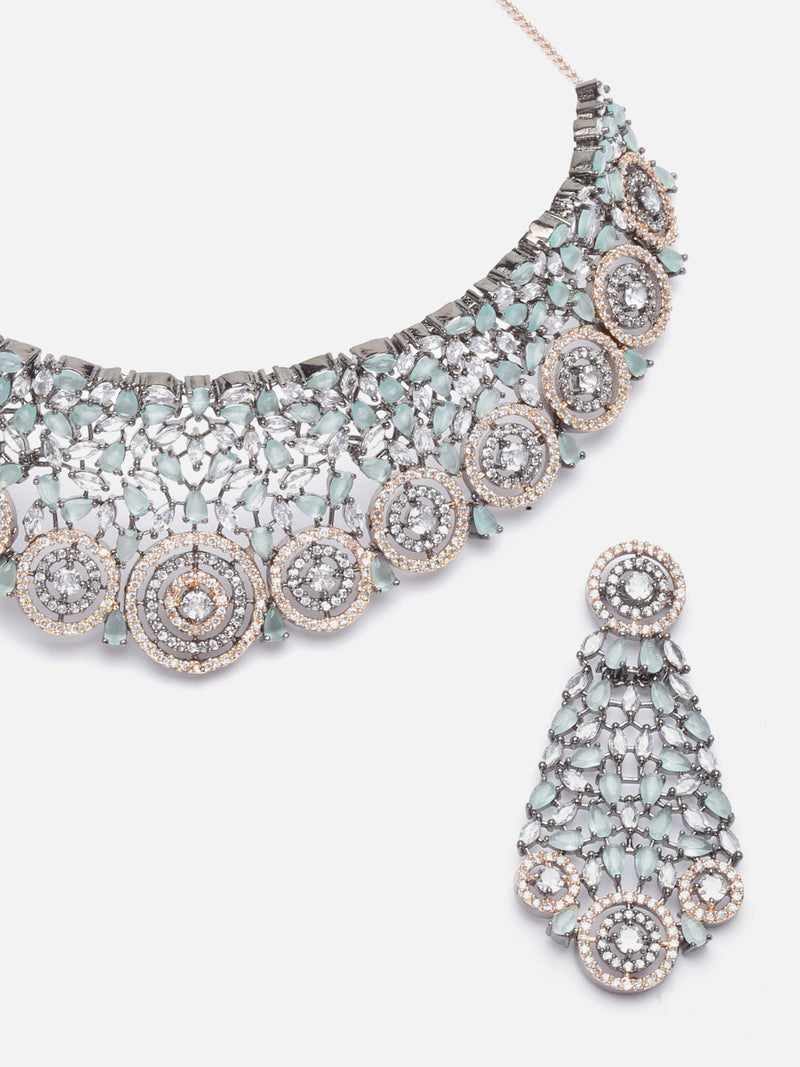 Rose Gold-Plated Gunmetal Toned Sea Green American Diamond Choker Necklace with Earrings Jewellery Set