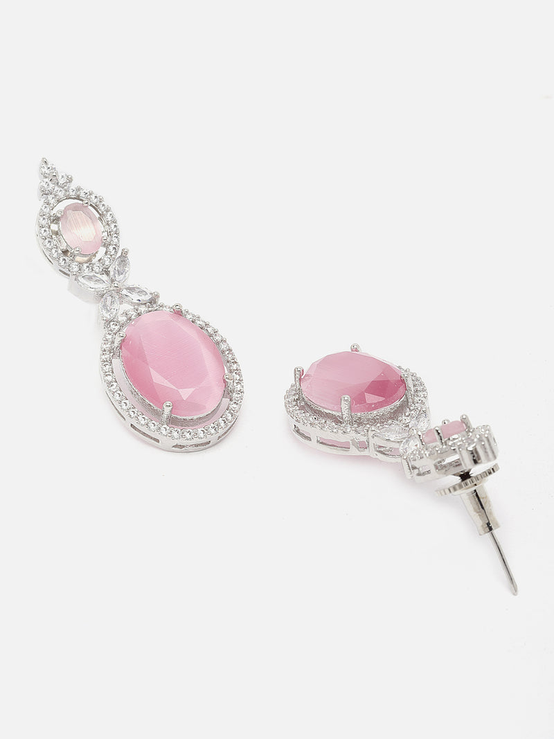 Rhodium-Plated Silver Toned Pink & White American Diamond studded Oval Shaped Drop Earrings