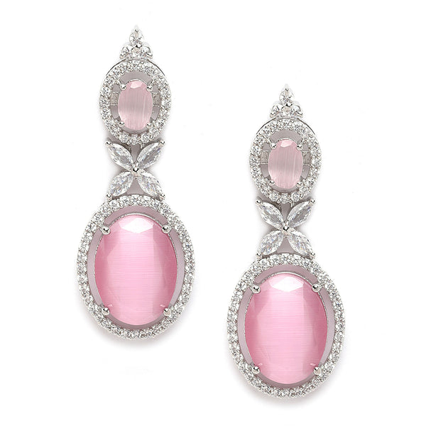 Rhodium-Plated Silver Toned Pink & White American Diamond studded Oval Shaped Drop Earrings