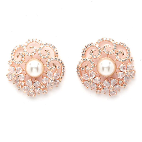 Rose Gold-Plated & White Floral Shaped Studs Earrings