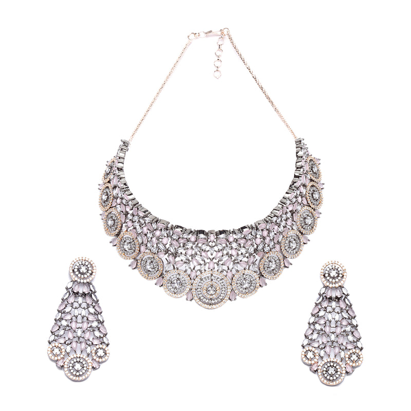 Rose Gold-Plated Gunmetal Toned Pink American Diamond Choker Necklace with Earrings Jewellery Set