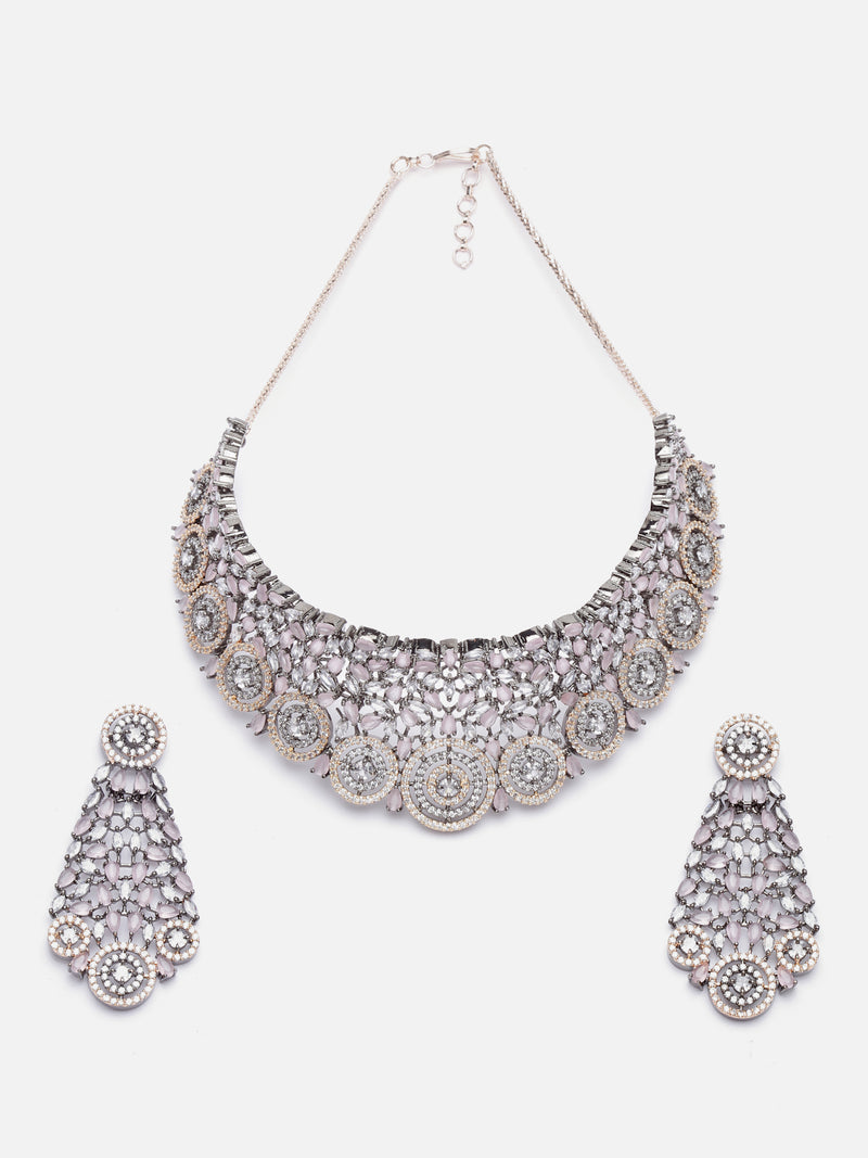 Rose Gold-Plated Gunmetal Toned Pink American Diamond Choker Necklace with Earrings Jewellery Set