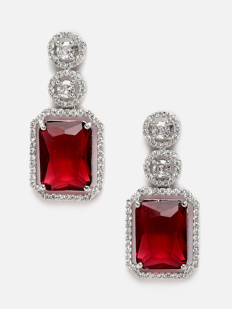 Rhodium-Plated Silver Toned Red & White American Diamond studded Geometric Shaped Drop Earrings