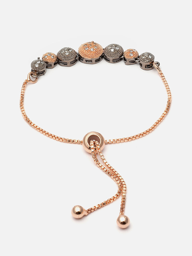 Rose Gold-Plated Gunmetal Toned White American Diamond Studded Round Shaped Link Bracelet