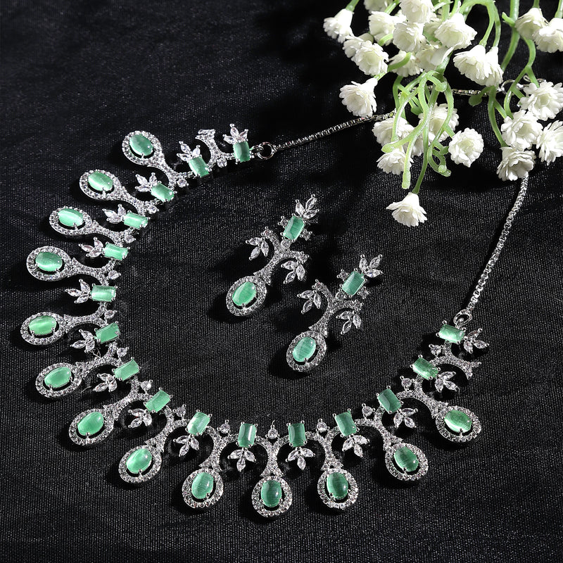 Rhodium-Plated Lime Green American Diamond Studded Designer Necklace & Earrings Jewellery Set