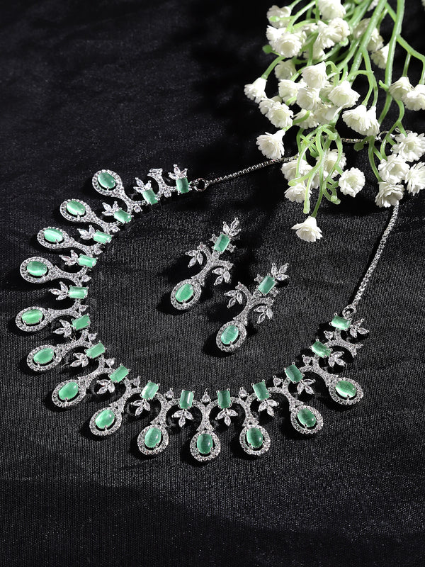 Rhodium-Plated Lime Green American Diamond Studded Designer Necklace & Earrings Jewellery Set