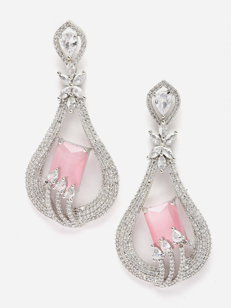 Rhodium-Plated Pink American Diamond studded Handcrafted Quirky Shaped Drop Earrings