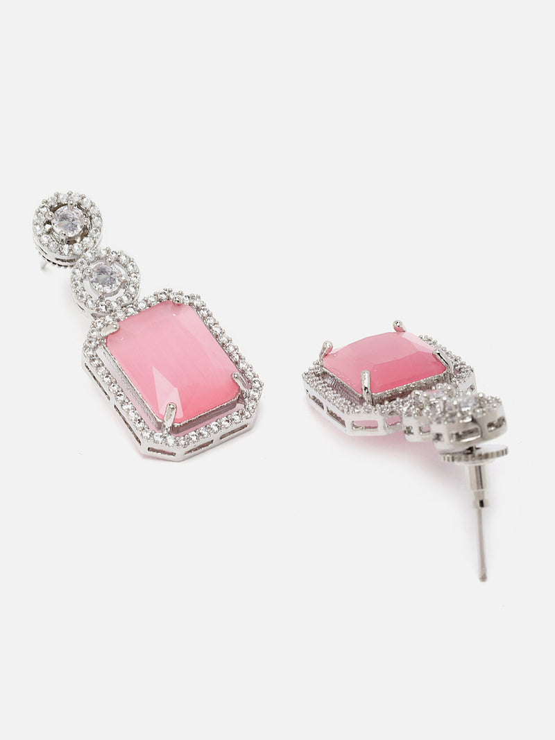 Rhodium-Plated Silver Toned Pink & White American Diamond studded Geometric Shaped Drop Earrings