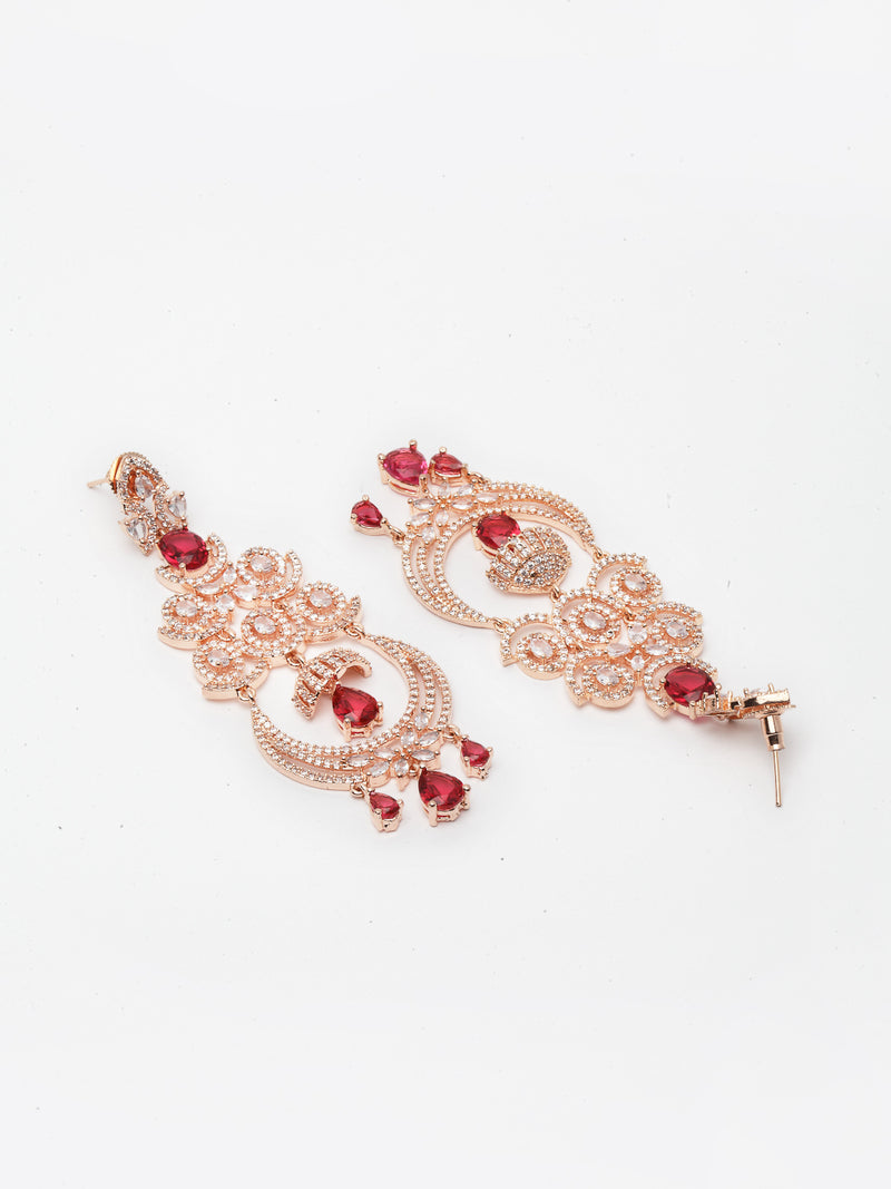 Red American Diamond with Rose Gold-Plated Contemporary Chandbalis Earrings
