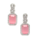 Rhodium-Plated Silver Toned Pink & White American Diamond studded Geometric Shaped Drop Earrings