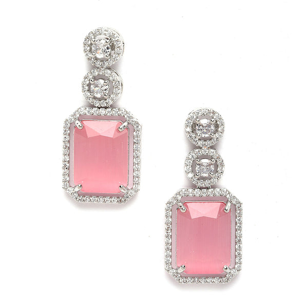 Rhodium-Plated Silver Toned Pink & White American Diamond studded Geometric Shaped Drop Earrings