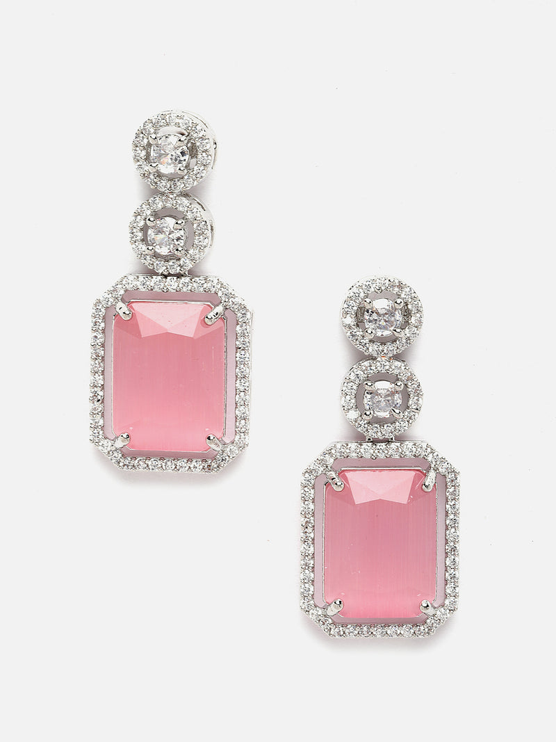 Rhodium-Plated Silver Toned Pink & White American Diamond studded Geometric Shaped Drop Earrings