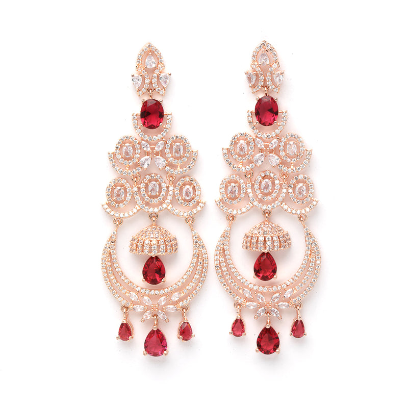 Red American Diamond with Rose Gold-Plated Contemporary Chandbalis Earrings