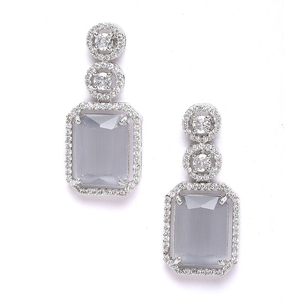 Rhodium-Plated Silver Toned Grey & White American Diamond studded Geometric Shaped Drop Earrings