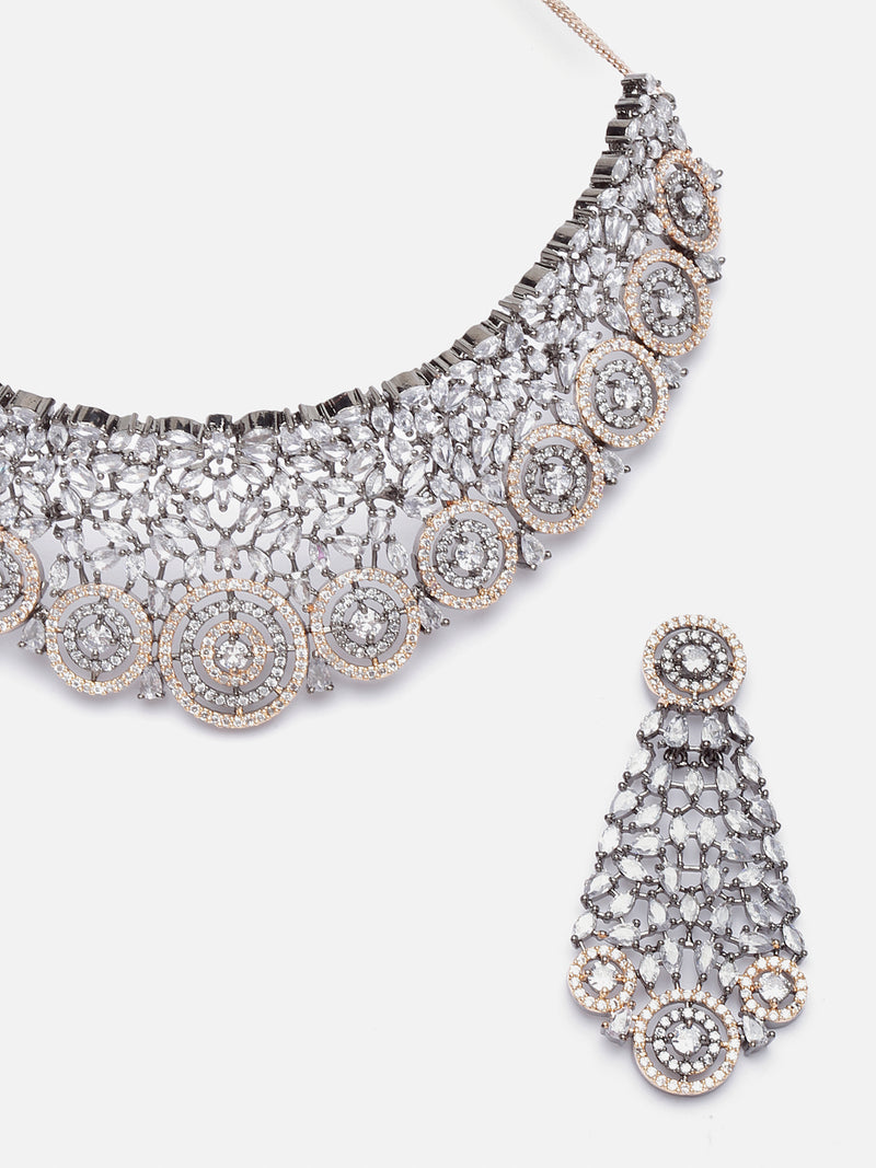 Rose Gold-Plated Gunmetal Toned White American Diamond Choker Necklace with Earrings Jewellery Set