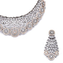 Rose Gold-Plated Gunmetal Toned White American Diamond Choker Necklace with Earrings Jewellery Set