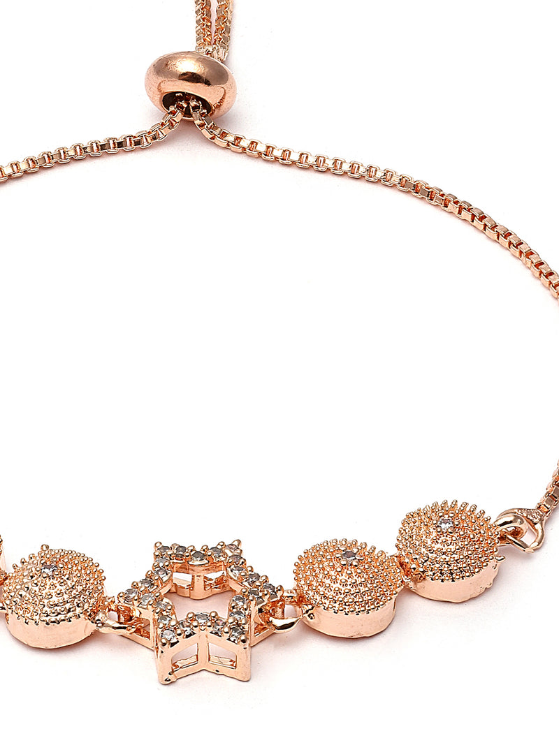 Rose Gold-Plated White American Diamond Studded Star Shaped Link Bracelet