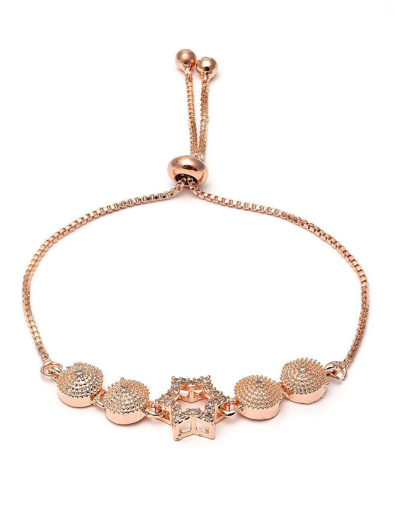 Rose Gold-Plated White American Diamond Studded Star Shaped Link Bracelet