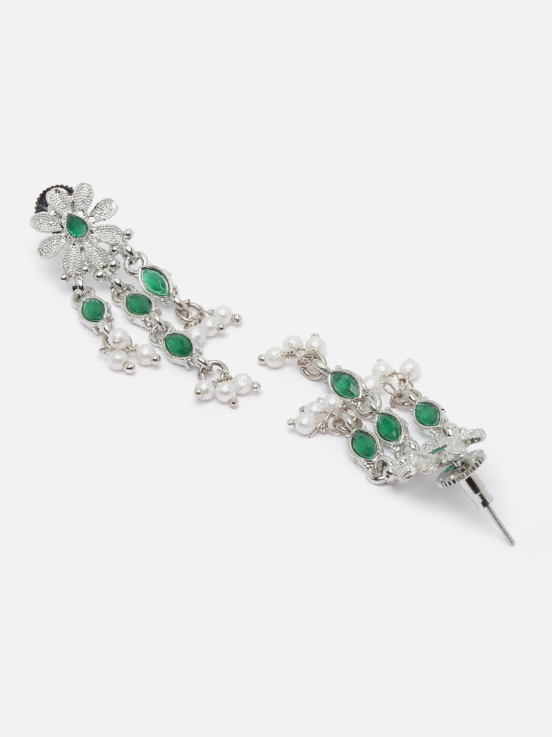 Oxidised Silver-Plated Green American Diamond Studded Multi-Strand Necklace Earrings Jewellery Set