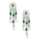 Oxidised Silver-Plated Green American Diamond Studded Multi-Strand Necklace Earrings Jewellery Set