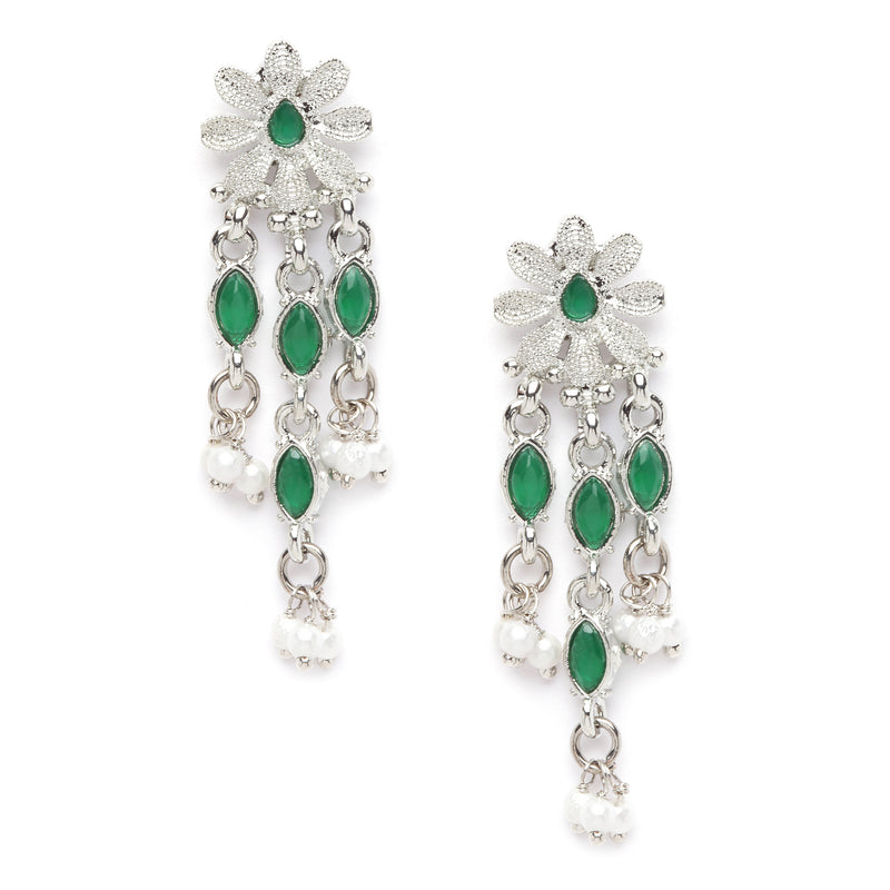 Oxidised Silver-Plated Green American Diamond Studded Multi-Strand Necklace Earrings Jewellery Set