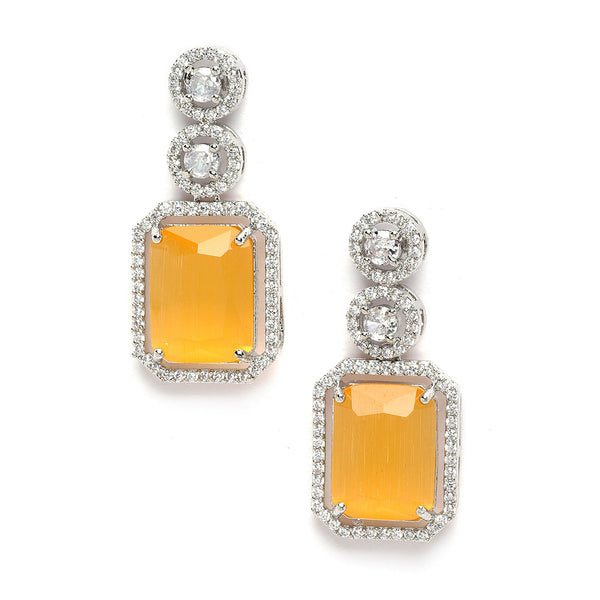 Rhodium-Plated Silver Toned Yellow & White American Diamond studded Geometric Shaped Drop Earrings