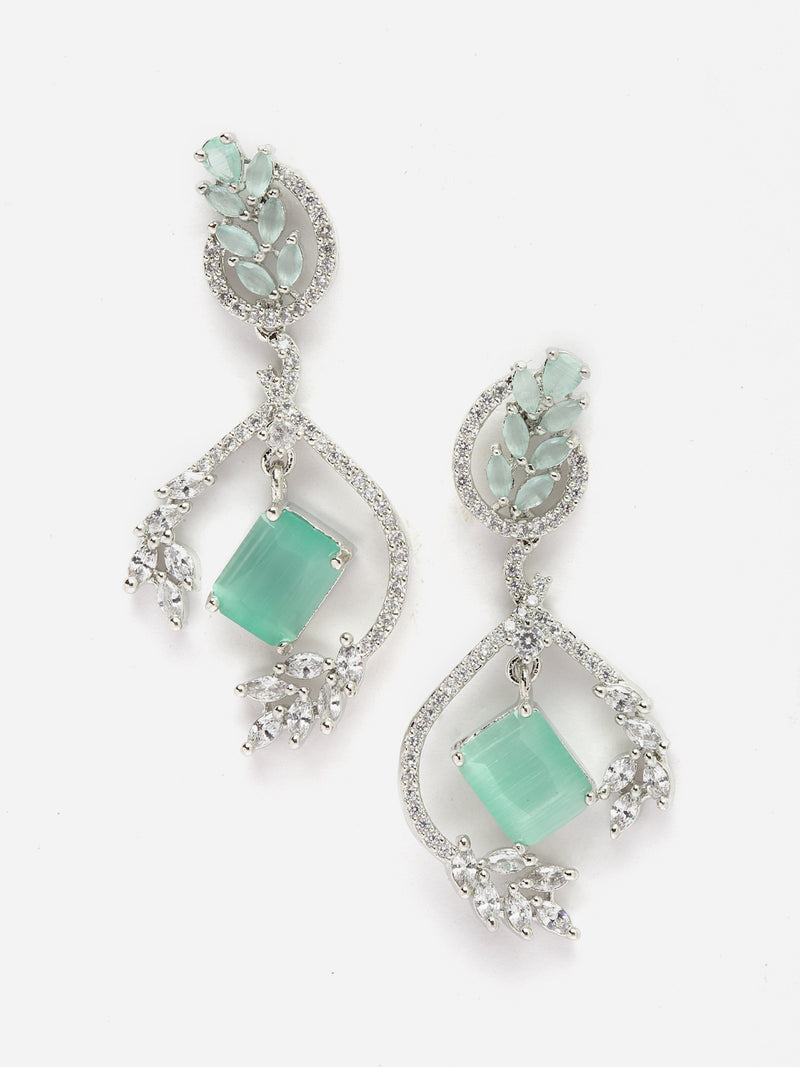 Rhodium-Plated Sea Green American Diamond studded Square & Leaf Shaped Drop Earrings