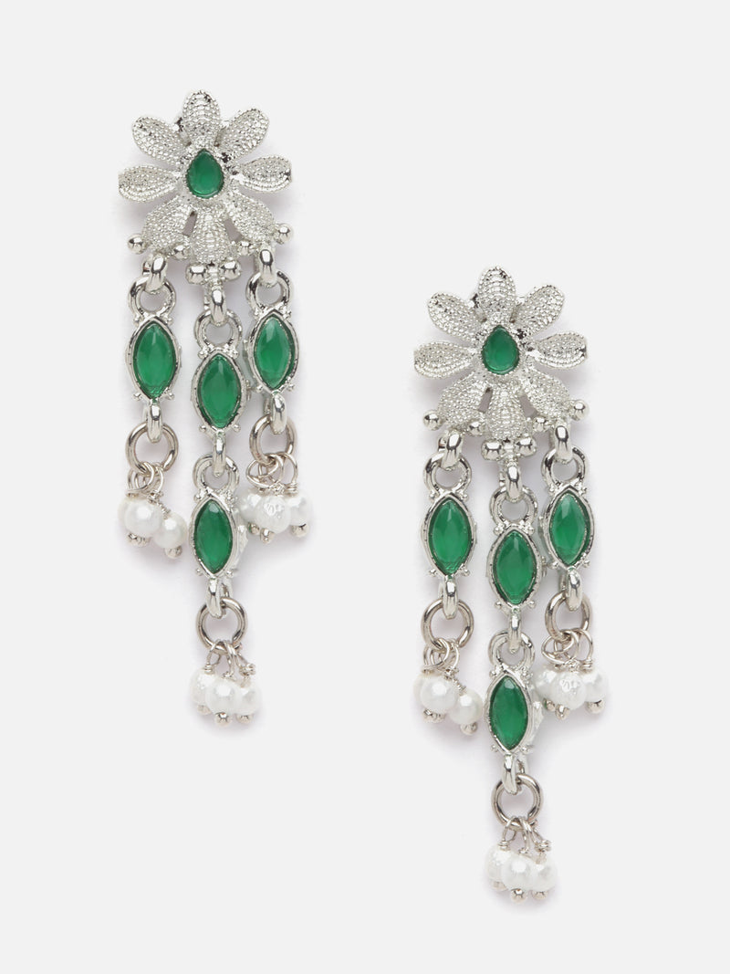 Oxidised Silver-Plated Green American Diamond Studded Multi-Strand Necklace Earrings Jewellery Set