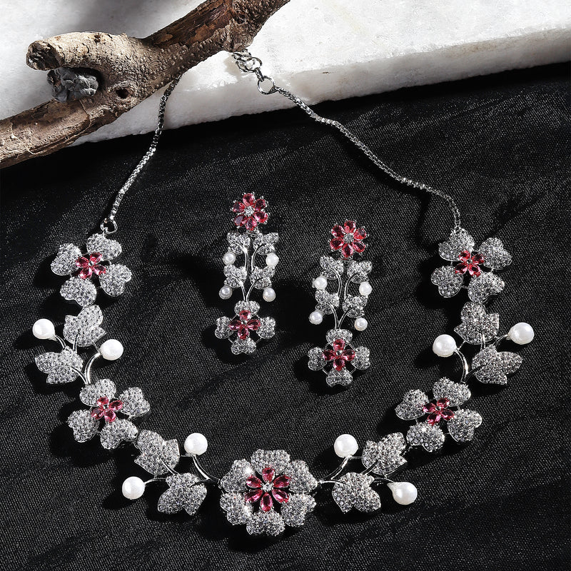 Rhodium-Plated Red Cubic Zirconia Studded Floral Theme Necklace & Earrings Jewellery Set
