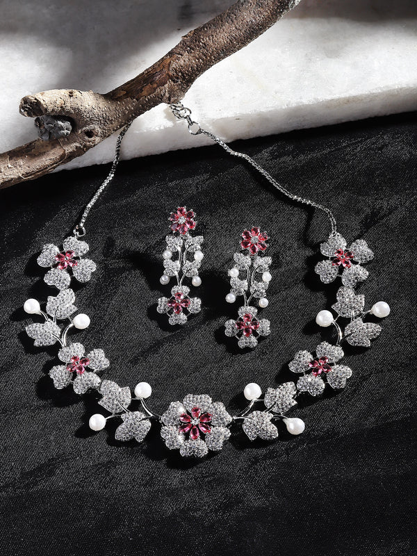 Rhodium-Plated Red Cubic Zirconia Studded Floral Theme Necklace & Earrings Jewellery Set