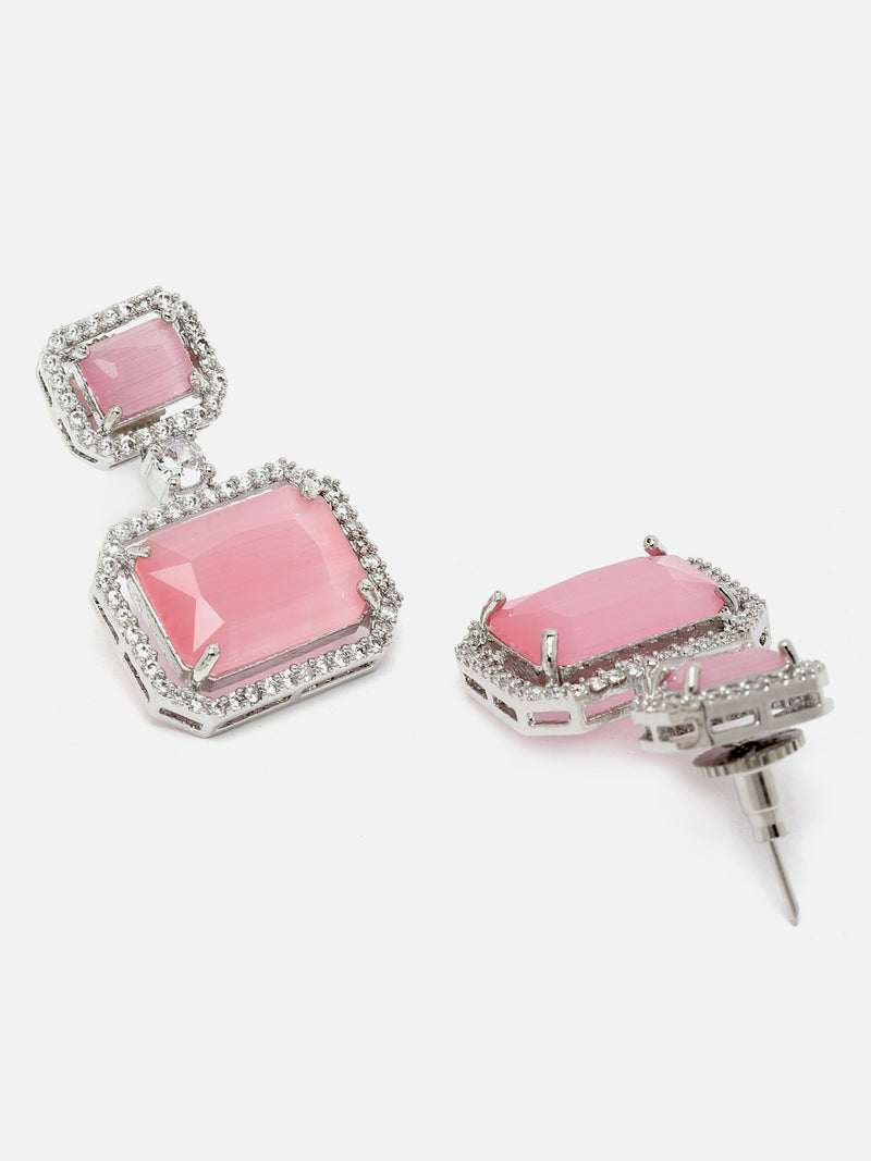 Rhodium-Plated Silver Toned Pink & White American Diamond studded Square Shaped Drop Earrings