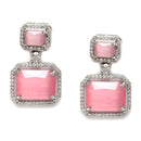 Rhodium-Plated Silver Toned Pink & White American Diamond studded Square Shaped Drop Earrings
