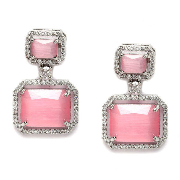 Rhodium-Plated Silver Toned Pink & White American Diamond studded Square Shaped Drop Earrings