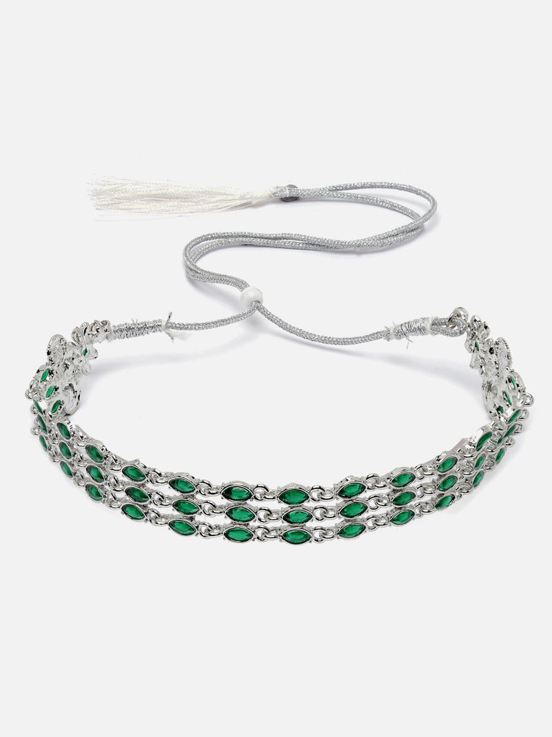Oxidised Silver-Plated Green American Diamond Studded Multi-Strand Necklace Earrings Jewellery Set