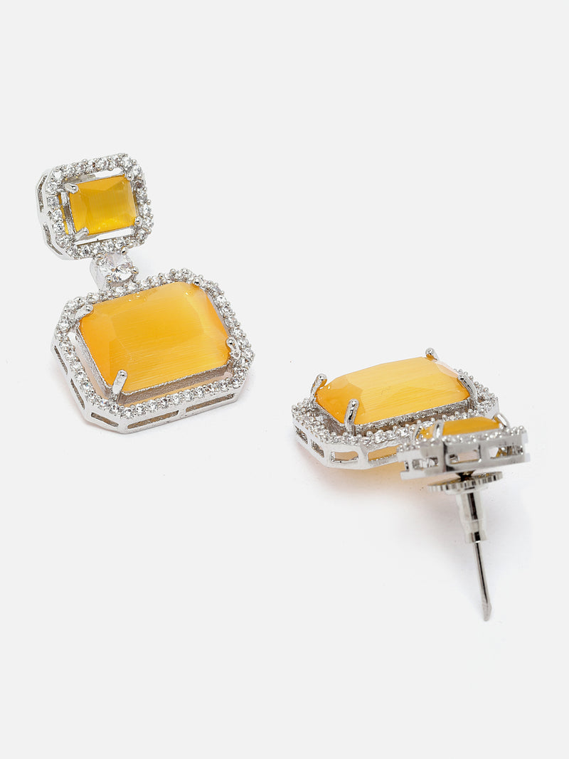 Rhodium-Plated Silver Toned Yellow & White American Diamond studded Square Shaped Drop Earrings