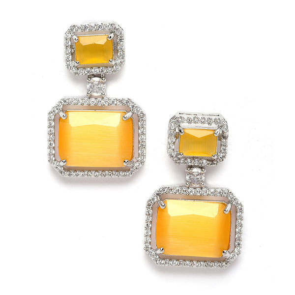 Rhodium-Plated Silver Toned Yellow & White American Diamond studded Square Shaped Drop Earrings
