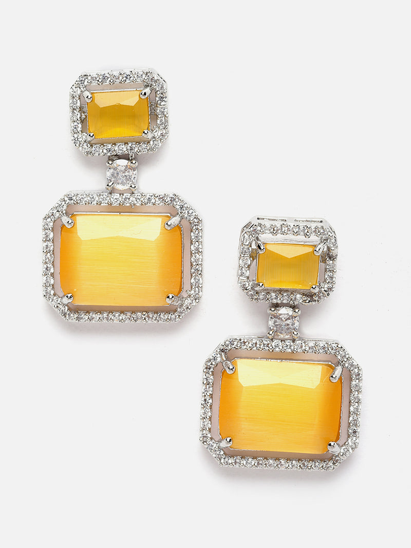 Rhodium-Plated Silver Toned Yellow & White American Diamond studded Square Shaped Drop Earrings