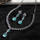 Rhodium-Plated Sea Green Square American Diamonds Studded Pendulous Necklace & Earrings Jewellery Set