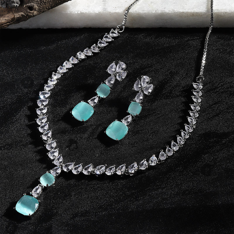 Rhodium-Plated Sea Green Square American Diamonds Studded Pendulous Necklace & Earrings Jewellery Set