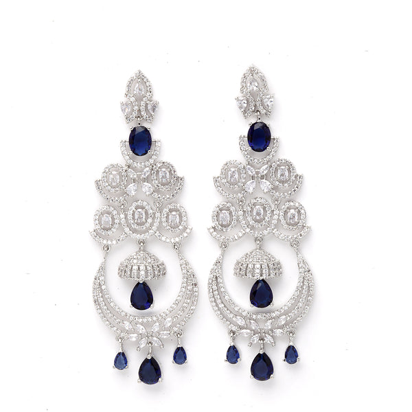 Navy Blue & White Rhodium-Plated with Silver-Tone American Diamond Chandelier Earrings
