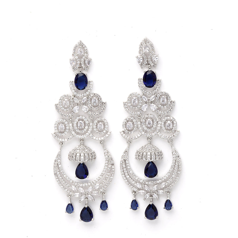 Navy Blue & White Rhodium-Plated with Silver-Tone American Diamond Chandelier Earrings