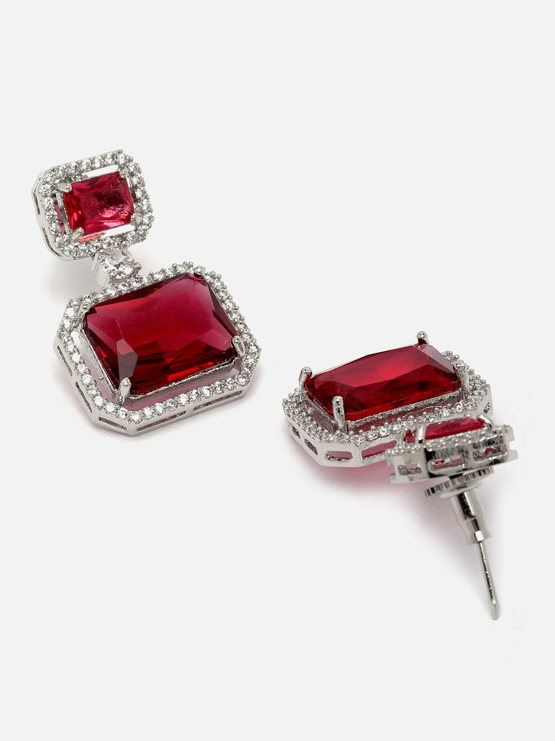 Rhodium-Plated Silver Toned Red & White American Diamond studded Square Shaped Drop Earrings