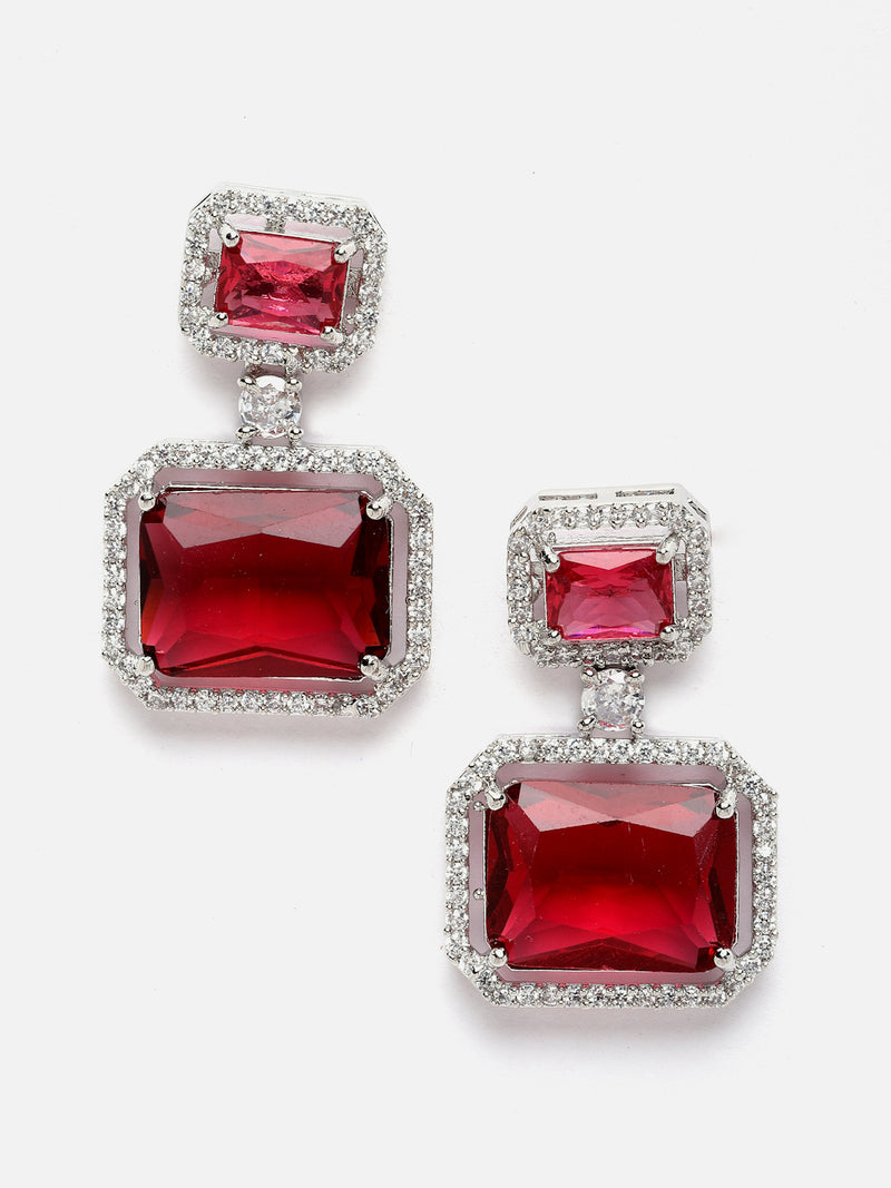 Rhodium-Plated Silver Toned Red & White American Diamond studded Square Shaped Drop Earrings